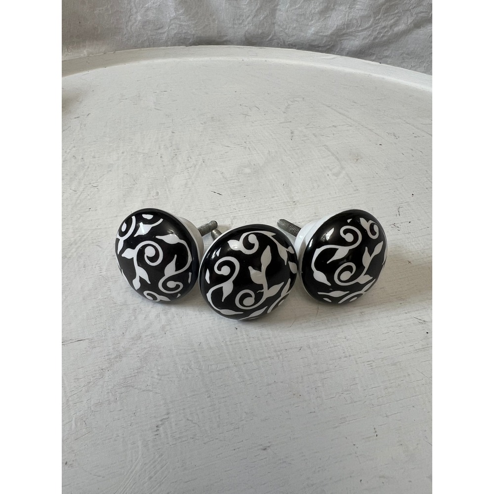 Set of 3 Black and White Ceramic Drawer Knobs Scroll Vine Leaf Pattern 1.5 inch